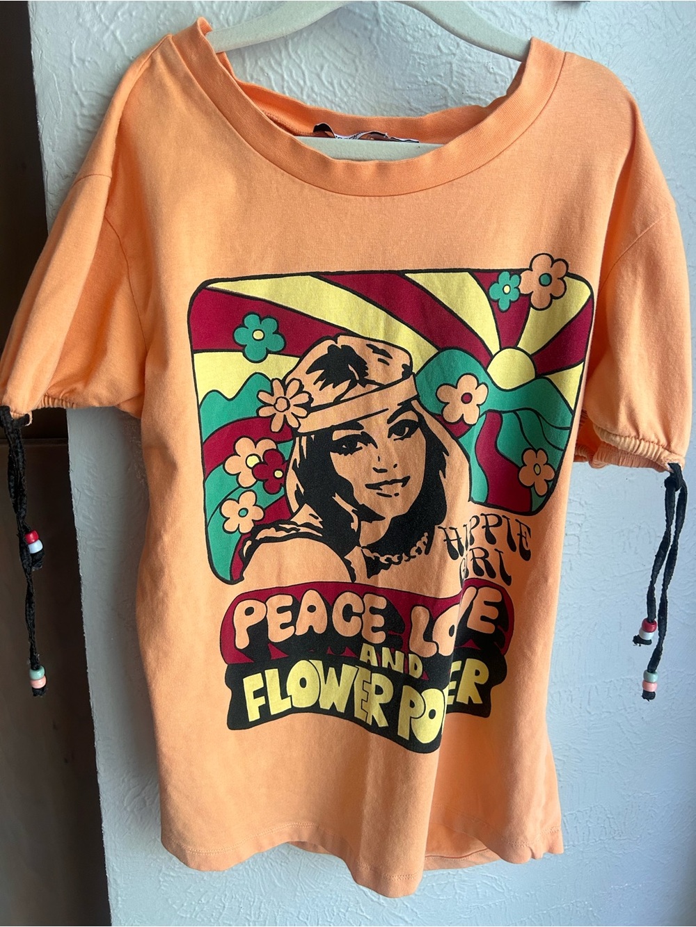 Vintage 2000s Y2K Moschino Jeans Designer Hippie T-shirt Beaded Tie Detail XS